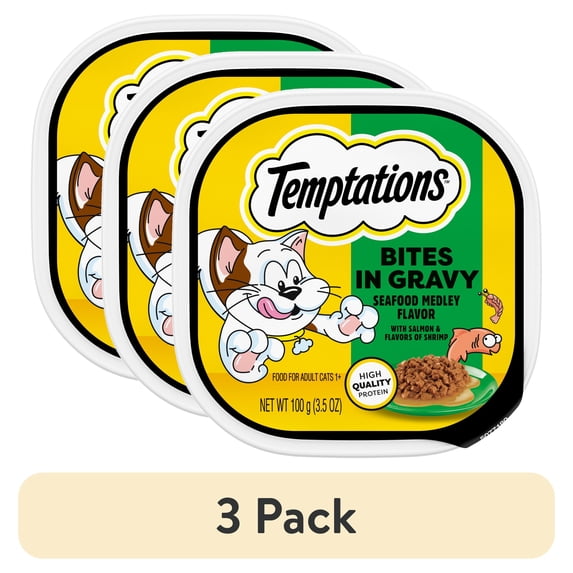 (3 pack) Temptations Seafood Medley Flavor Bites In Gravy Wet Cat Food, 3.5 Oz Tray