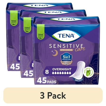 (3 pack) Tena Sensitive Care Extra Coverage Overnight Incontinence Pads for Women, 45 Count