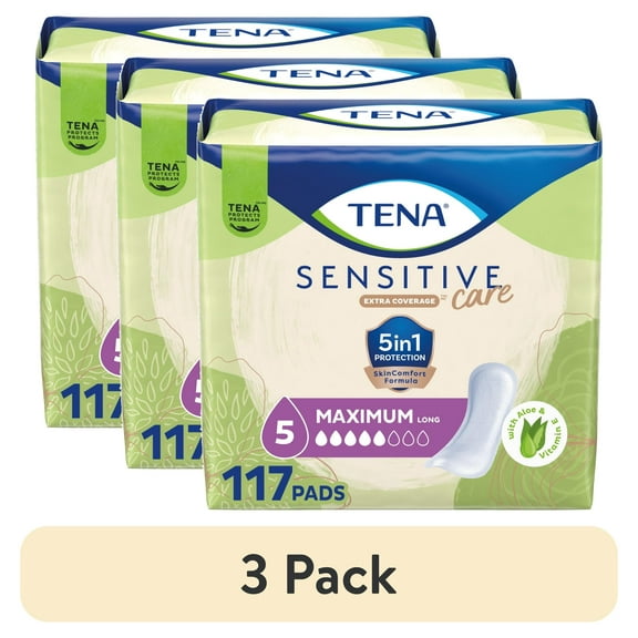 (3 pack) Tena Sensitive Care Maximum Absorbency Long Incontinence Pads for Women, 117 Count