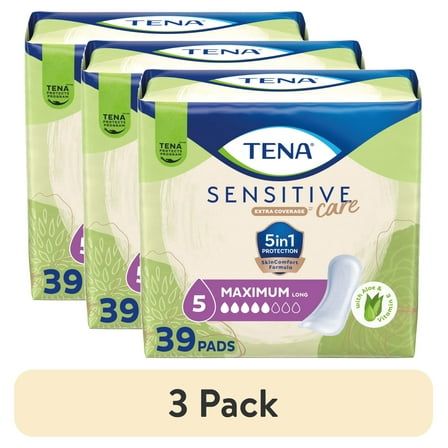 (3 pack) Tena Sensitive Care Maximum Absorbency Long Incontinence Pads for Women, 39 Count