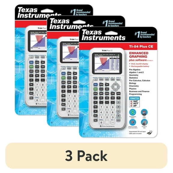 Pre-Owned Texas Instruments TI-84 Plus CE Graphing Calculator, Bright White, 3-Pack, Rechargeable, High School and College
