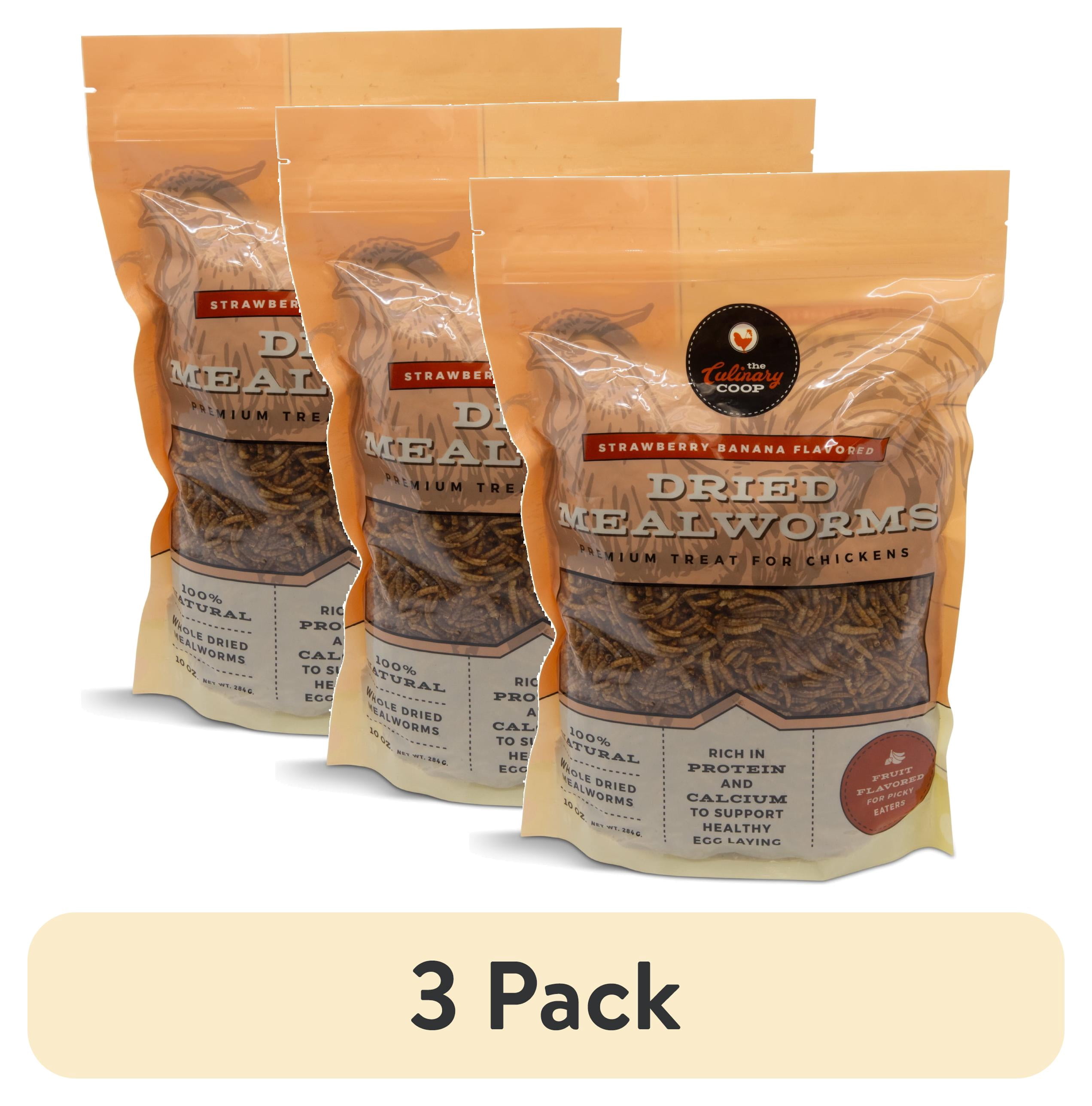 (3 pack) The Culinary Coop, Strawberry Banana Flavored Mealworms, Premium Treats for Chickens, 10 oz Bag
