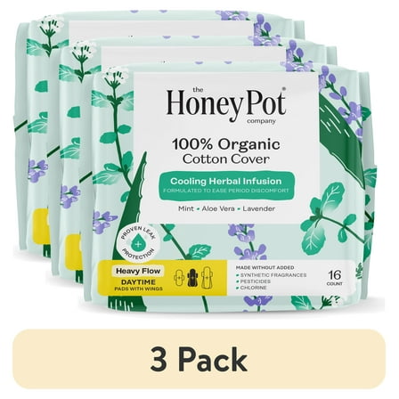(3 pack) The Honey Pot Company, Herbal Daytime Heavy Flow Pads with wings, Organic Cotton Cover, 16 ct.