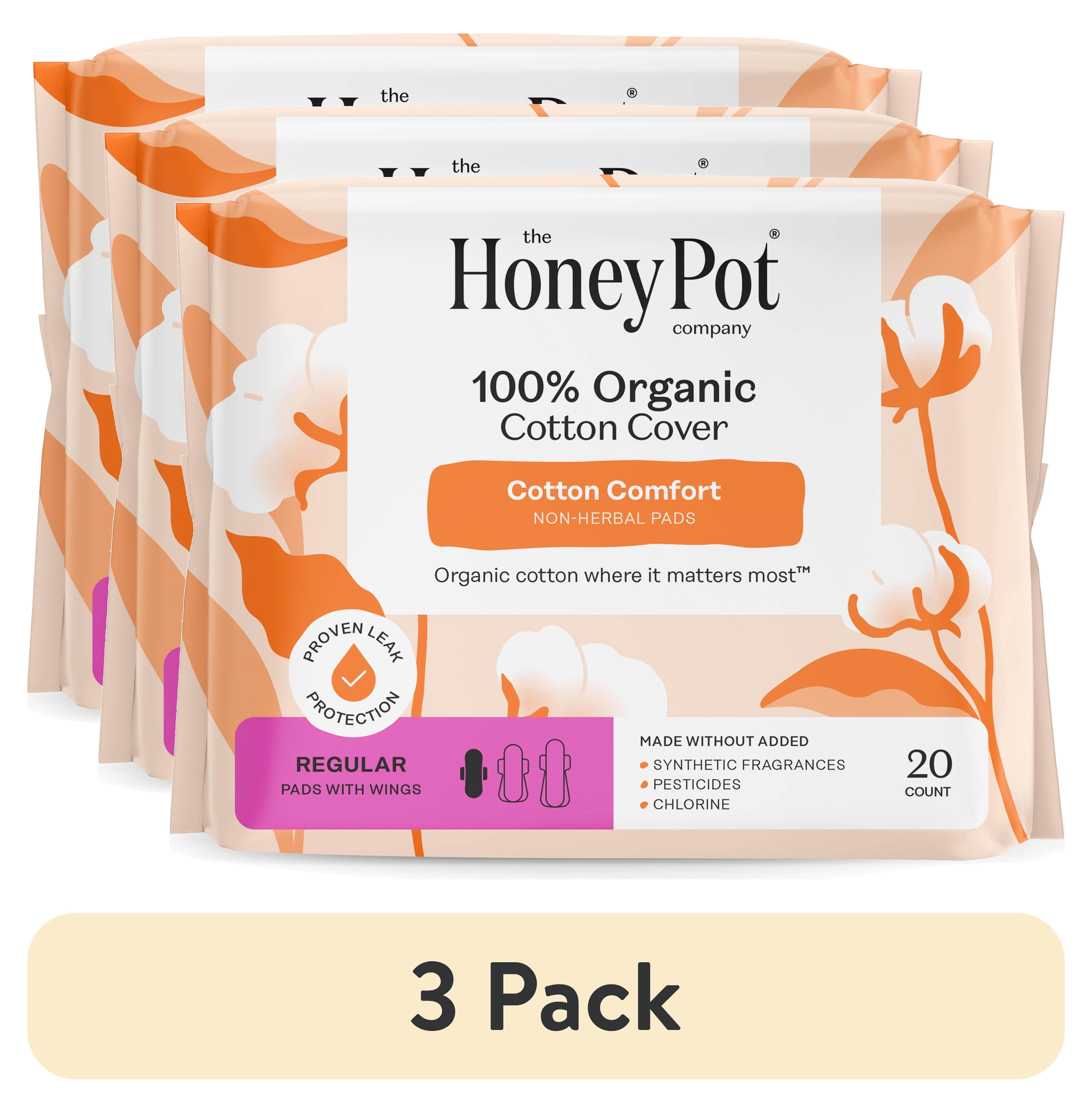 (3 pack) The Honey Pot Company, Non-Herbal Regular Pads with Wings, Organic Cotton Cover, 20 ct.