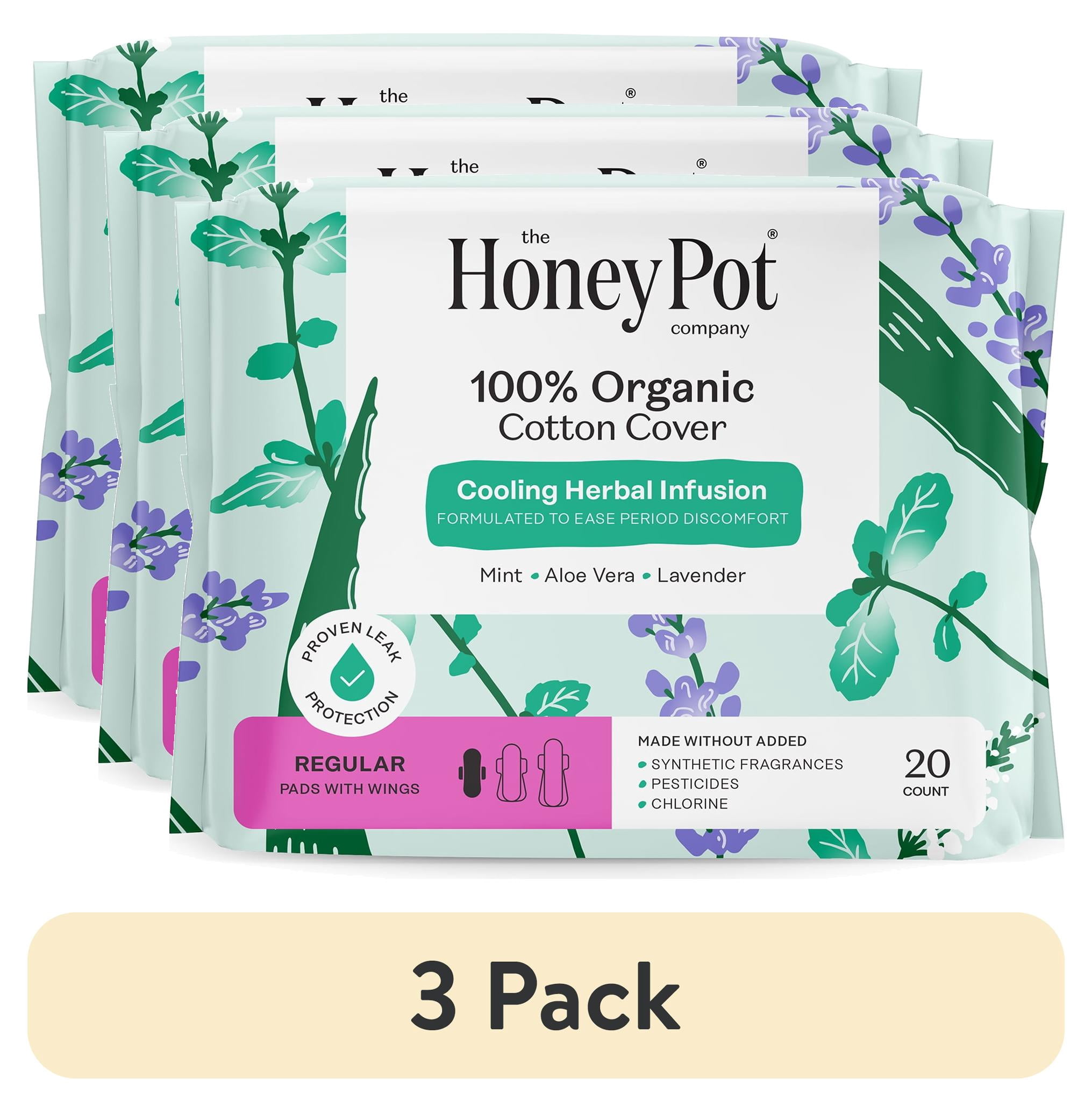 (3 pack) Honey Pot 100% Organic Cotton Cover Cooling Herbal Infusion Regular Pads, 20 Count