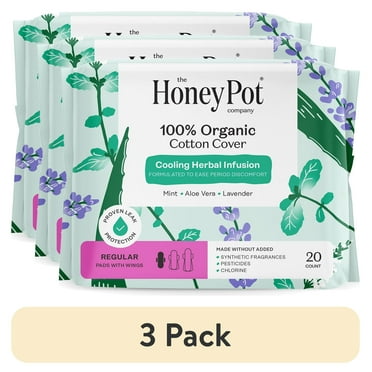 (3 pack) Honey Pot 100% Organic Cotton Cover Cooling Herbal Infusion Regular Pads, 20 Count