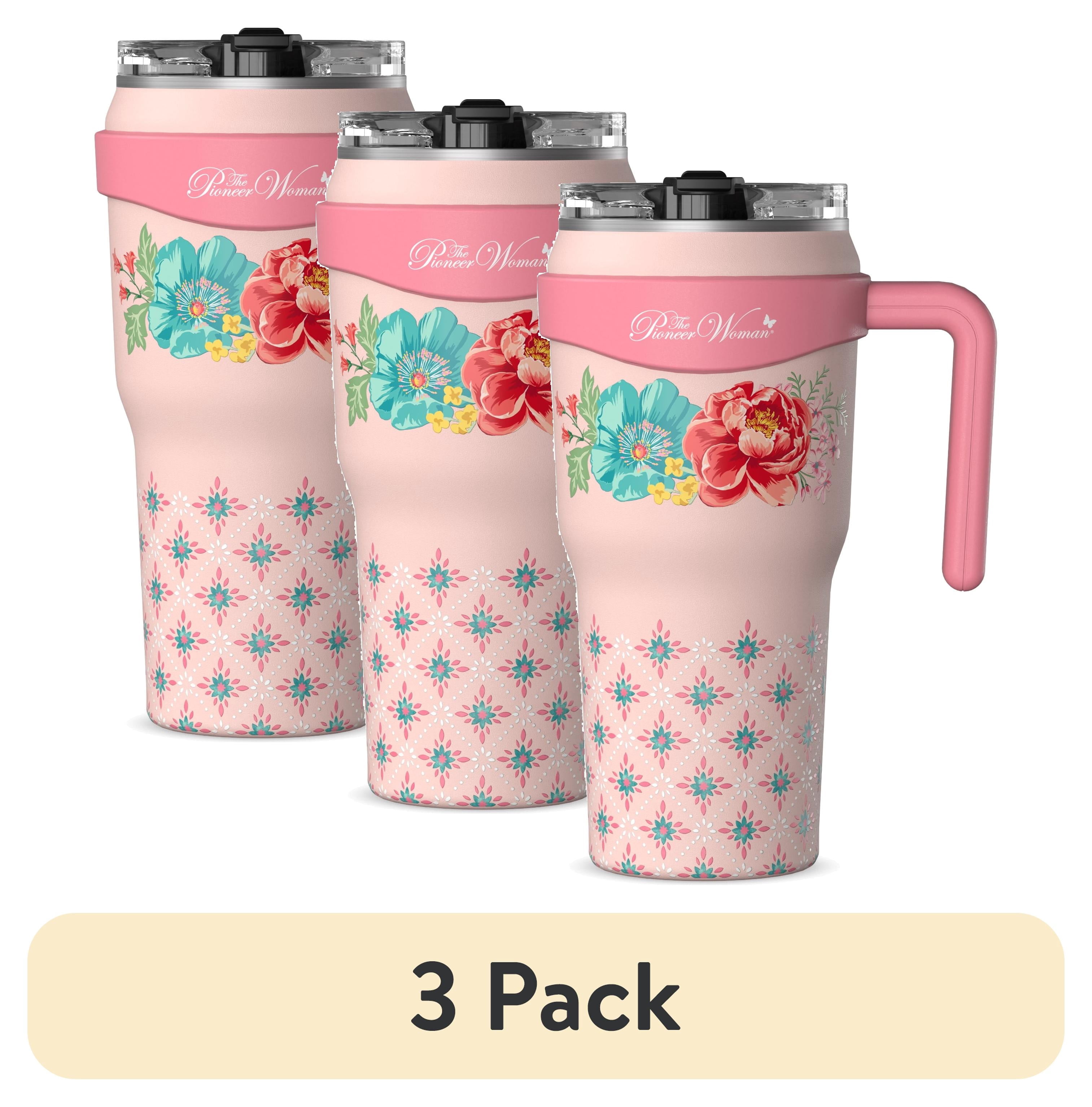 (3 pack) The Pioneer Woman 40 oz Fancy Flourish Stainless Steel Insulated Tumbler, Pink