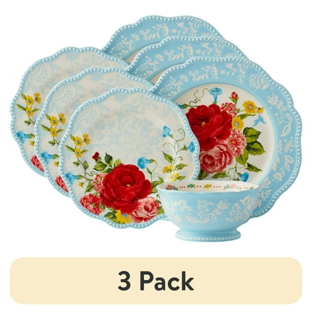 (3 pack) The Pioneer Woman Sweet Rose Light Blue Stoneware 12-Piece Dinnerware Set