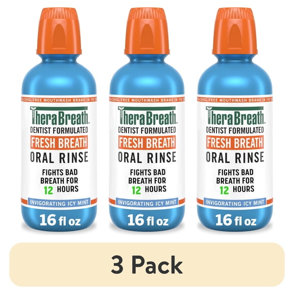 (3 pack) TheraBreath Fresh Breath Alcohol-Free Mouthwash, Mouth Rinse for Adults, Icy Mint, 16 fl oz