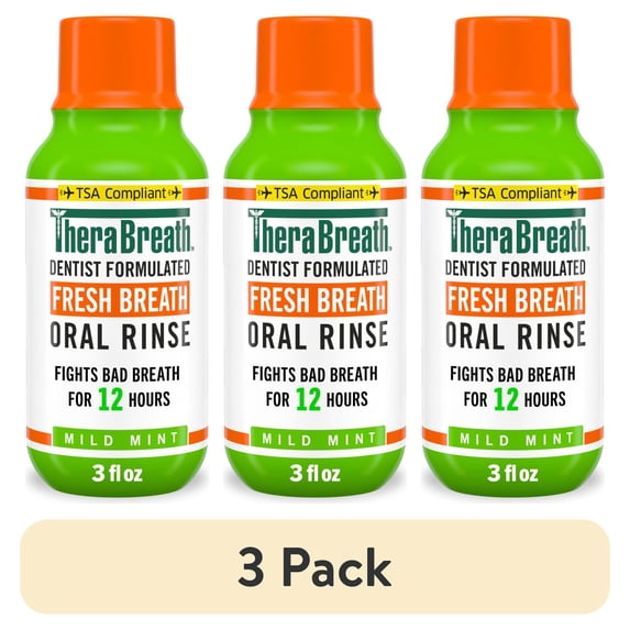 (3 pack) TheraBreath Fresh Breath Mouthwash, Mild Mint, Alcohol-Free, TSA Compliant Travel Size, 3 fl oz