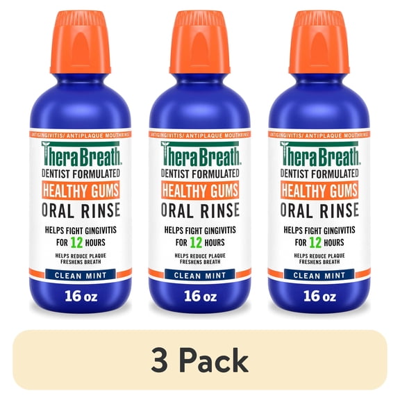 (3 pack) TheraBreath Healthy Gums Mouthwash, Antigingivitis Mouth Rinse for Adults, Clean Mint, 16 fl oz