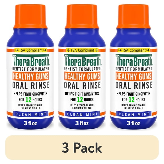 (3 pack) TheraBreath Healthy Gums Mouthwash, Clean Mint, Antigingivitis, TSA-compliant Travel Size, 3 fl oz