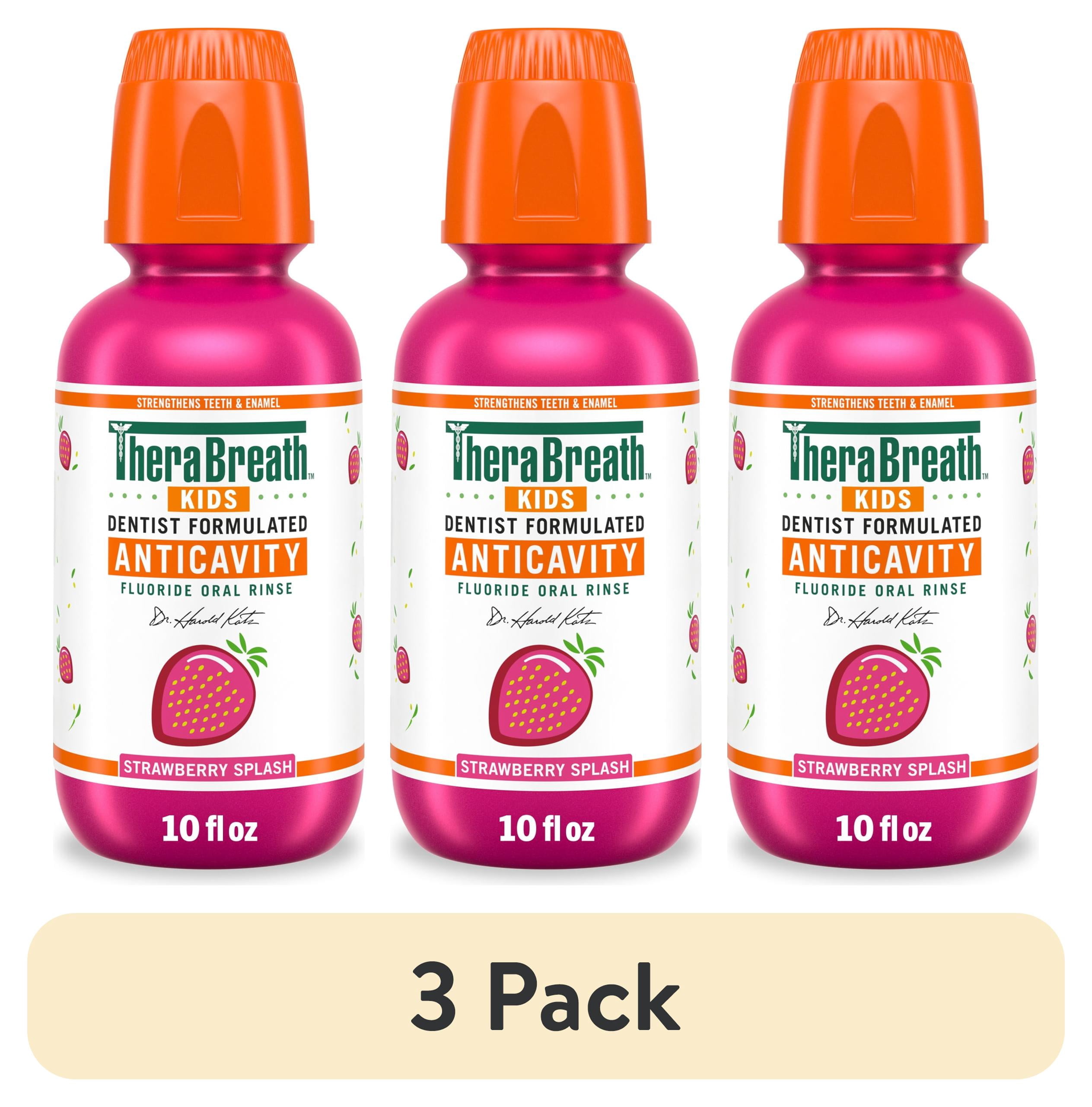 (3 pack) TheraBreath Kids Mouthwash with Fluoride, Organic Strawberry Splash, Anticavity, 10 fl oz