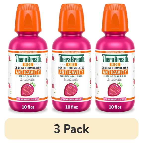 (3 pack) TheraBreath Kids Mouthwash with Fluoride, Organic Strawberry Splash, Anticavity, 10 fl oz