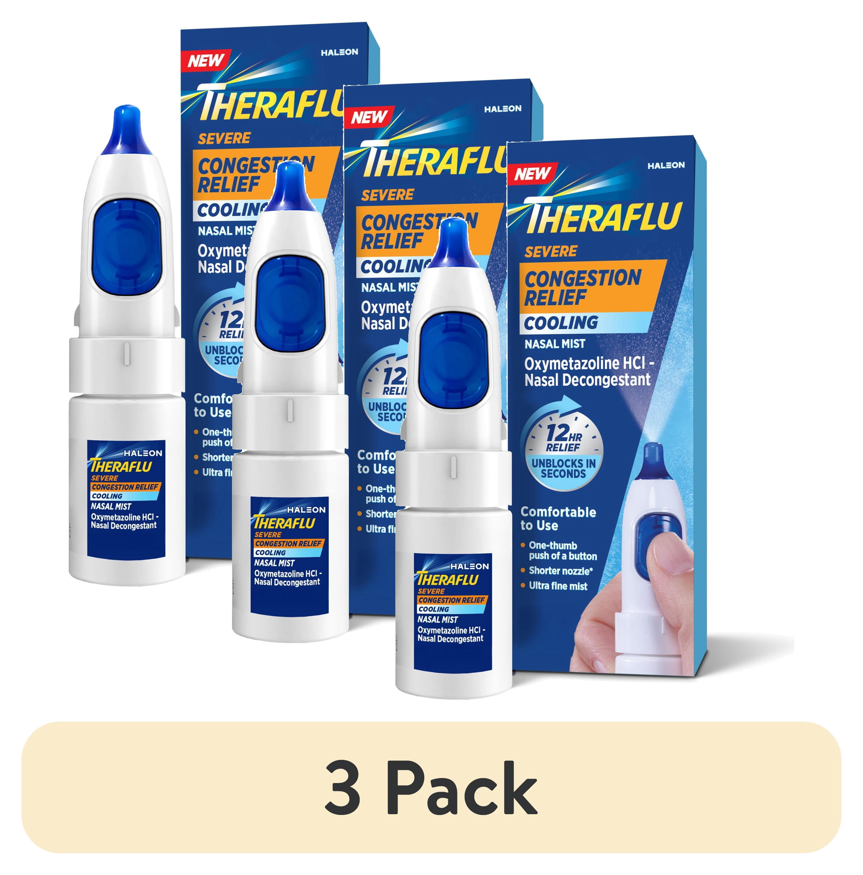 (3 pack) Theraflu Severe Congestion Relief Nasal Mist + Cooling, Ultra-Fine Mist, 0.34 Fl Oz