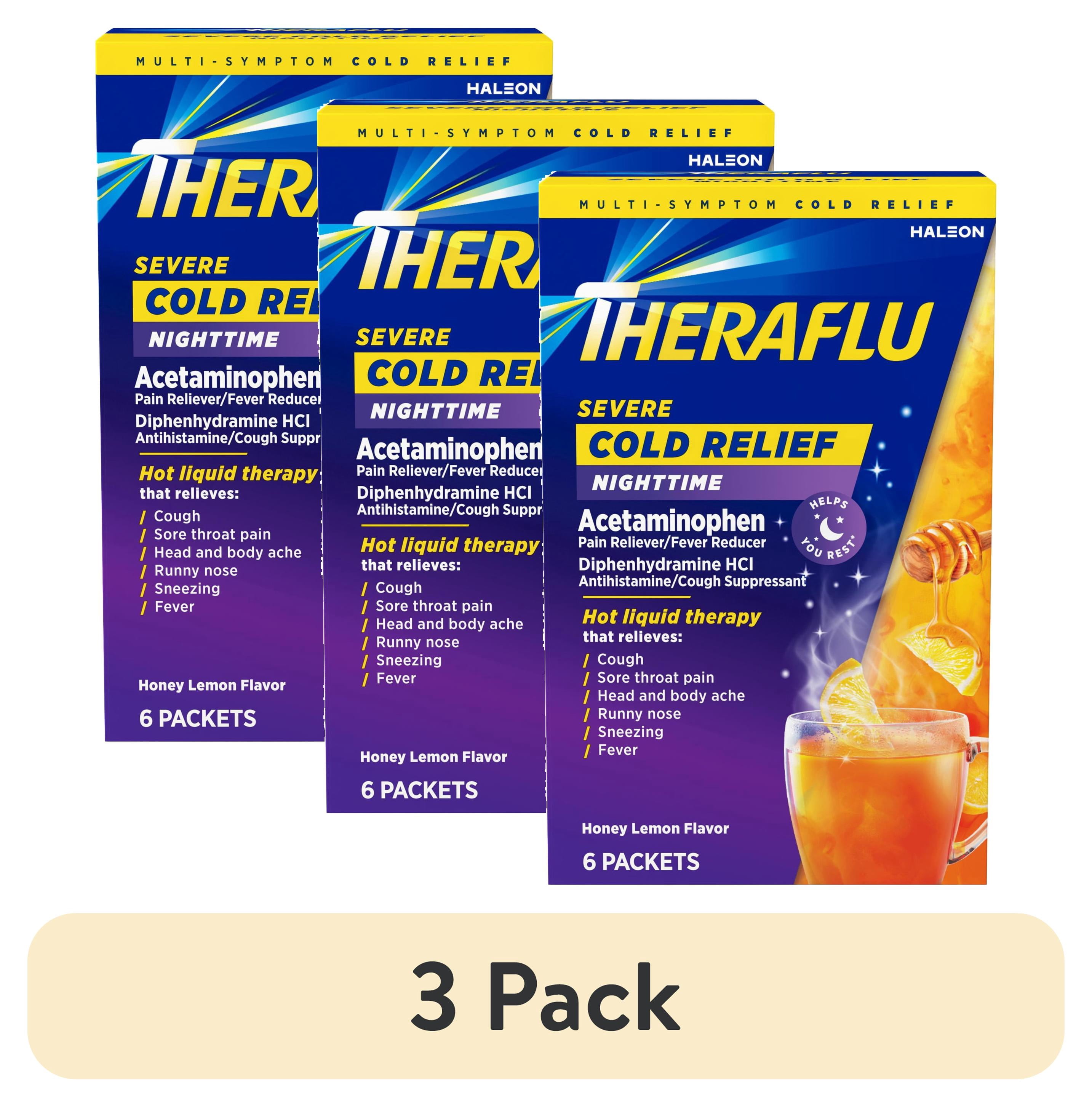 (3 pack) Theraflu Severe Cough Cold and Flu Nighttime Relief Medicine Powder, White Tea and Honey Lemon, 6 Count