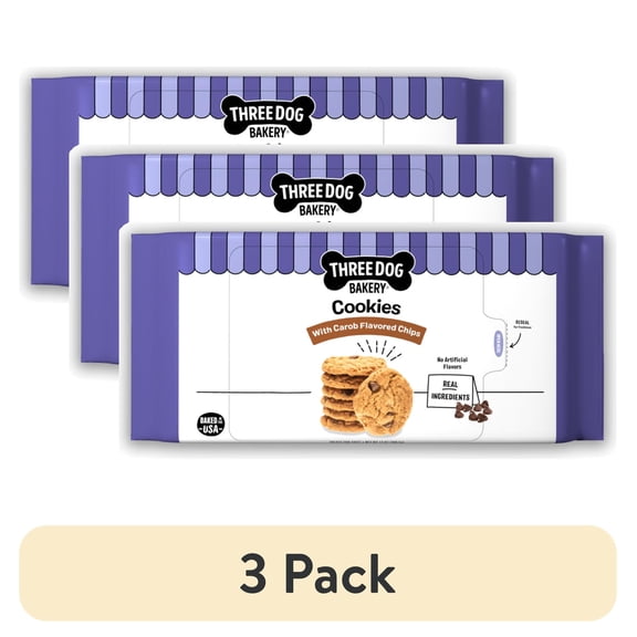(3 pack) Three Dog Bakery Cookies with Carob Flavored Chips, Baked Dog Treats, 13 oz