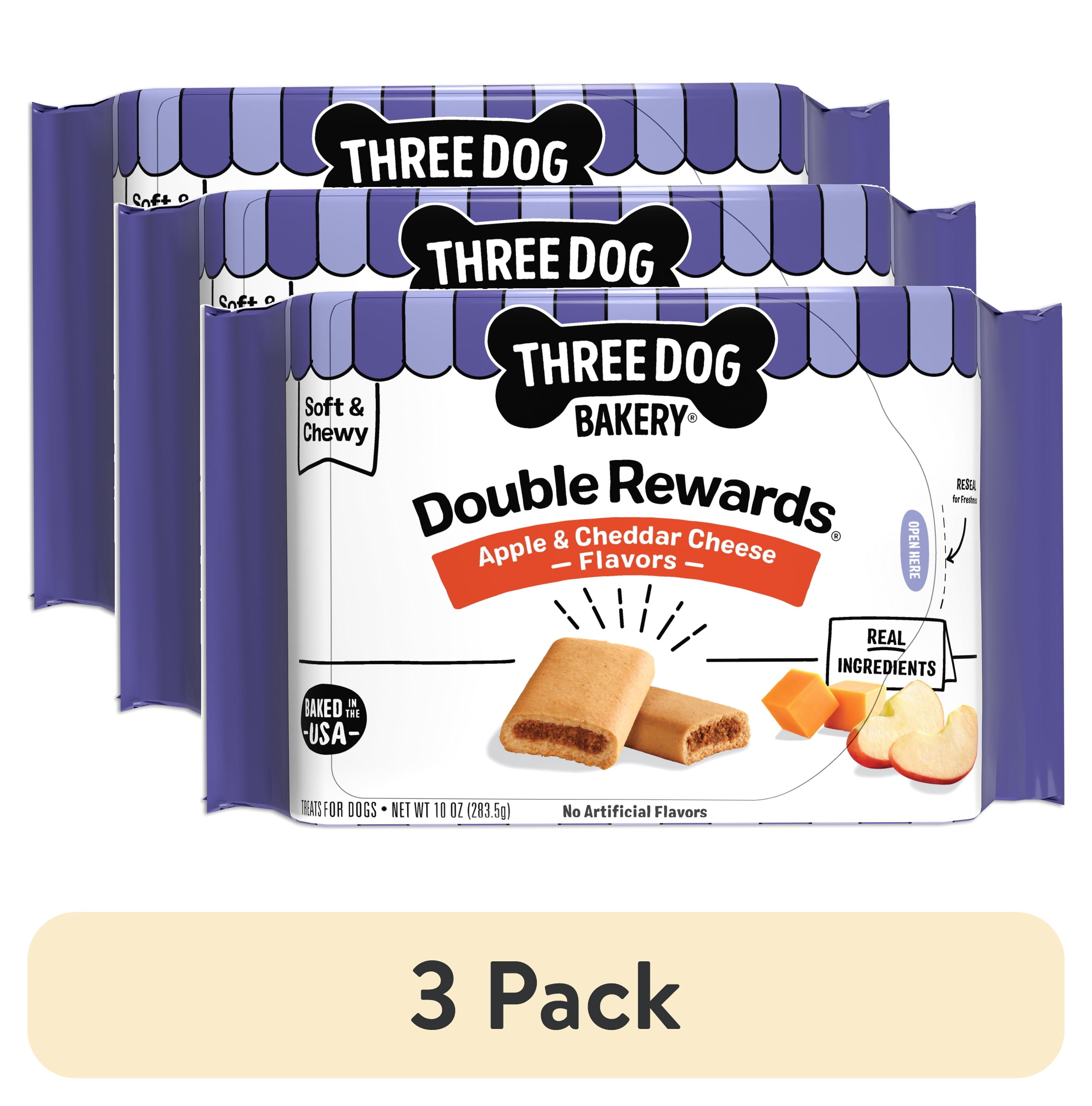 (3 pack) Three Dog Bakery Double Rewards Apple & Cheese Soft & Chewy Treats for Dogs, 10oz