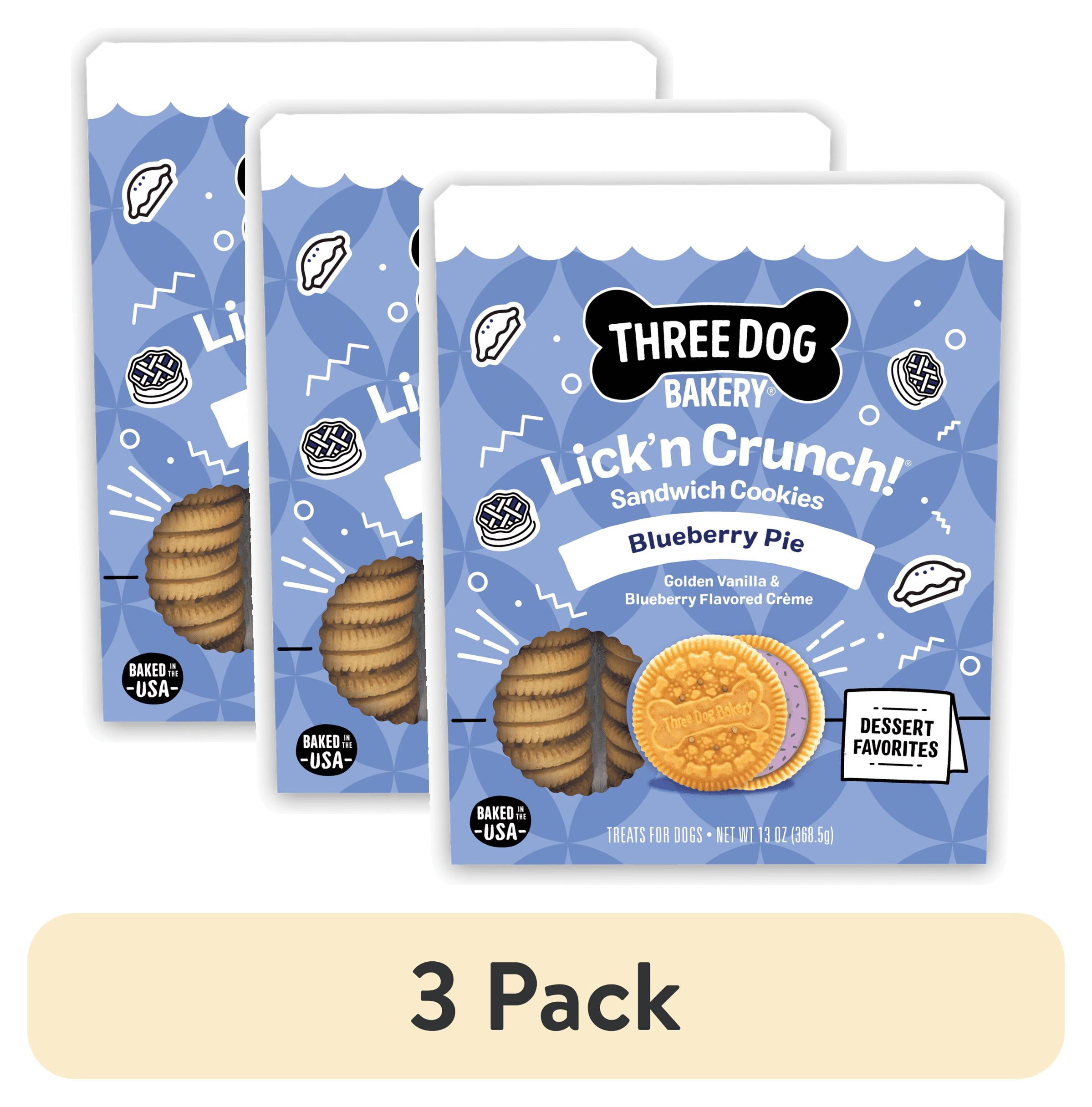 (3 pack) Three Dog Bakery Lick'n Crunch Dog Treat Sandwich Cookies, Blueberry Pie, 13 oz