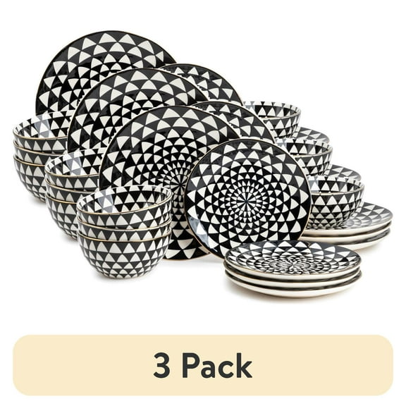 (3 pack) Thyme & Table Medallion 12-Piece Ceramic Dinnerware Set Black and White