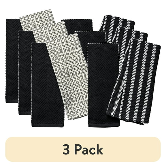 (3 pack) Thyme & Table Kitchen Towels, Black and Gold Crosshatch, 4 Pack Set