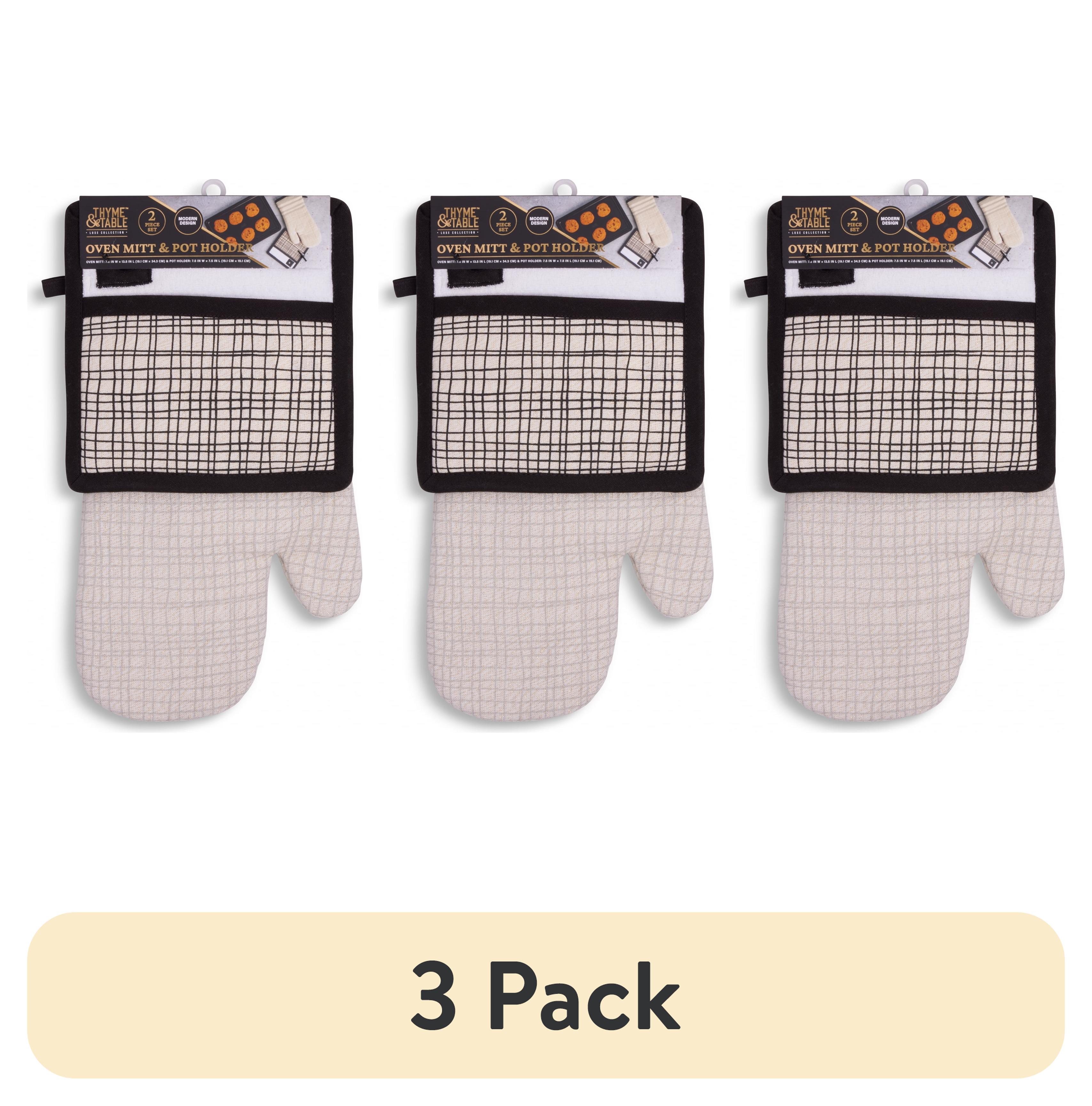 (3 pack) Thyme & Table Oven Mitt and Potholder Set, Cream & Black Crosshatch, 2 pack