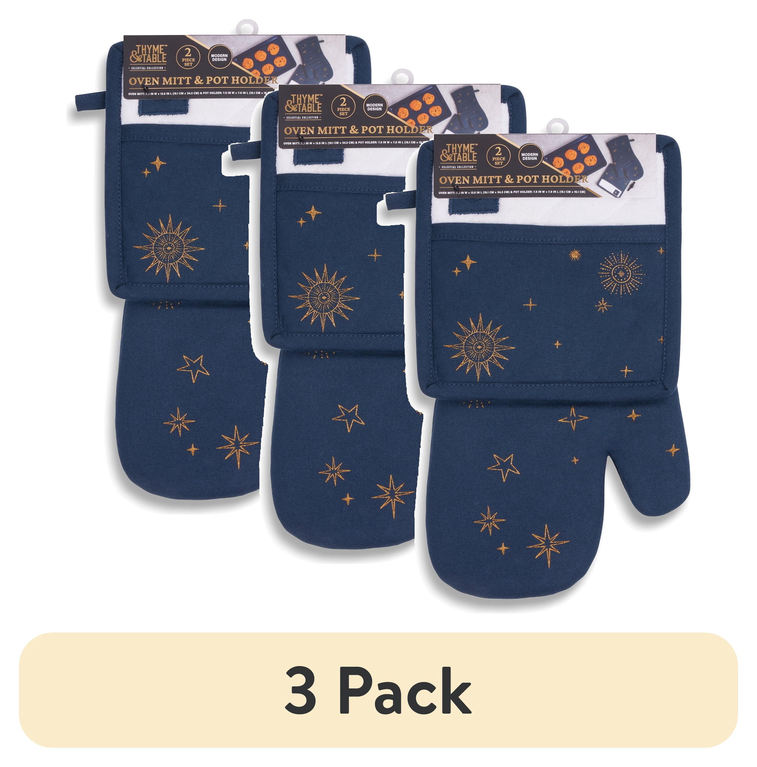 (3 pack) Thyme & Table Heat-Resistant Oven Mitt and Potholder Set, Navy Celestial, 2 pack