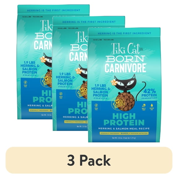 (3 pack) Tiki Cat Born Carnivore High Protein Dry Cat Food, Herring & Salmon Meal, 2.8 lbs. Bag