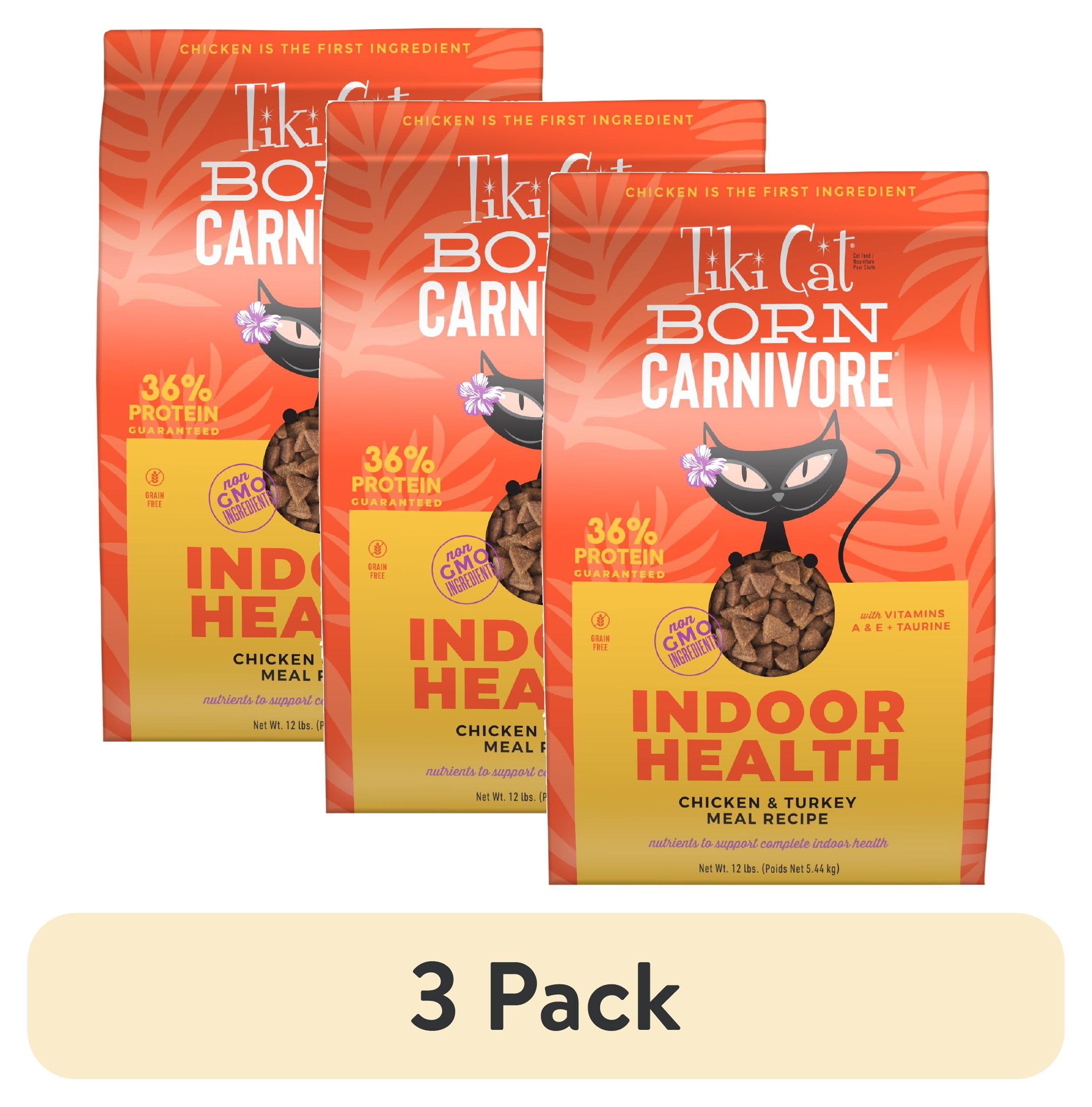 (3 pack) Tiki Cat Born Carnivore Indoor Health Dry Cat Food, Chicken & Turkey Meal, 12 lbs. Bag