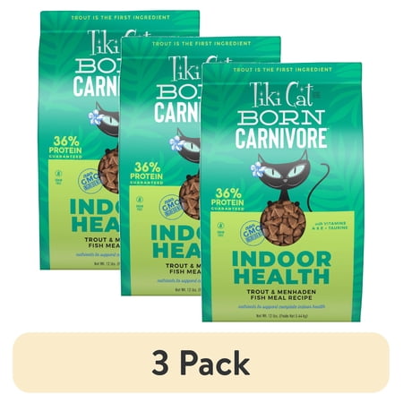 (3 pack) Tiki Cat Born Carnivore Indoor Health Dry Cat Food, Trout & Menhaden Fish Meal, 12 lbs. Bag