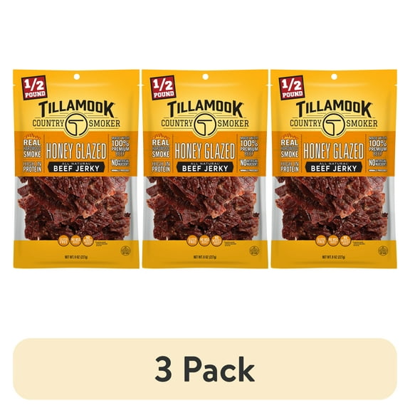 (3 pack) Tillamook Country Smoker, Real Hardwood Smoked Honey Glazed Beef Jerky, 8 oz Bag