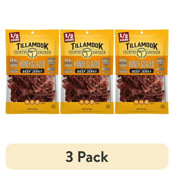(3 pack) Tillamook Country Smoker, Real Hardwood Smoked Honey Glazed Beef Jerky, 8 oz Bag