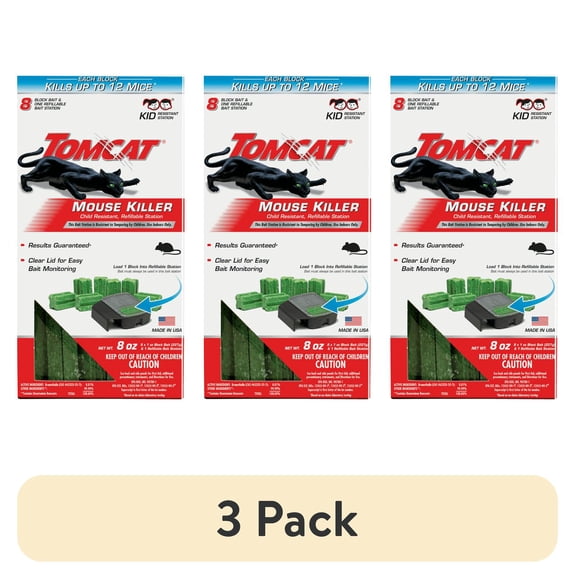 (3 pack) Tomcat Mouse Killer Child Resistant, Refillable Station with 8 Bait Block Refills