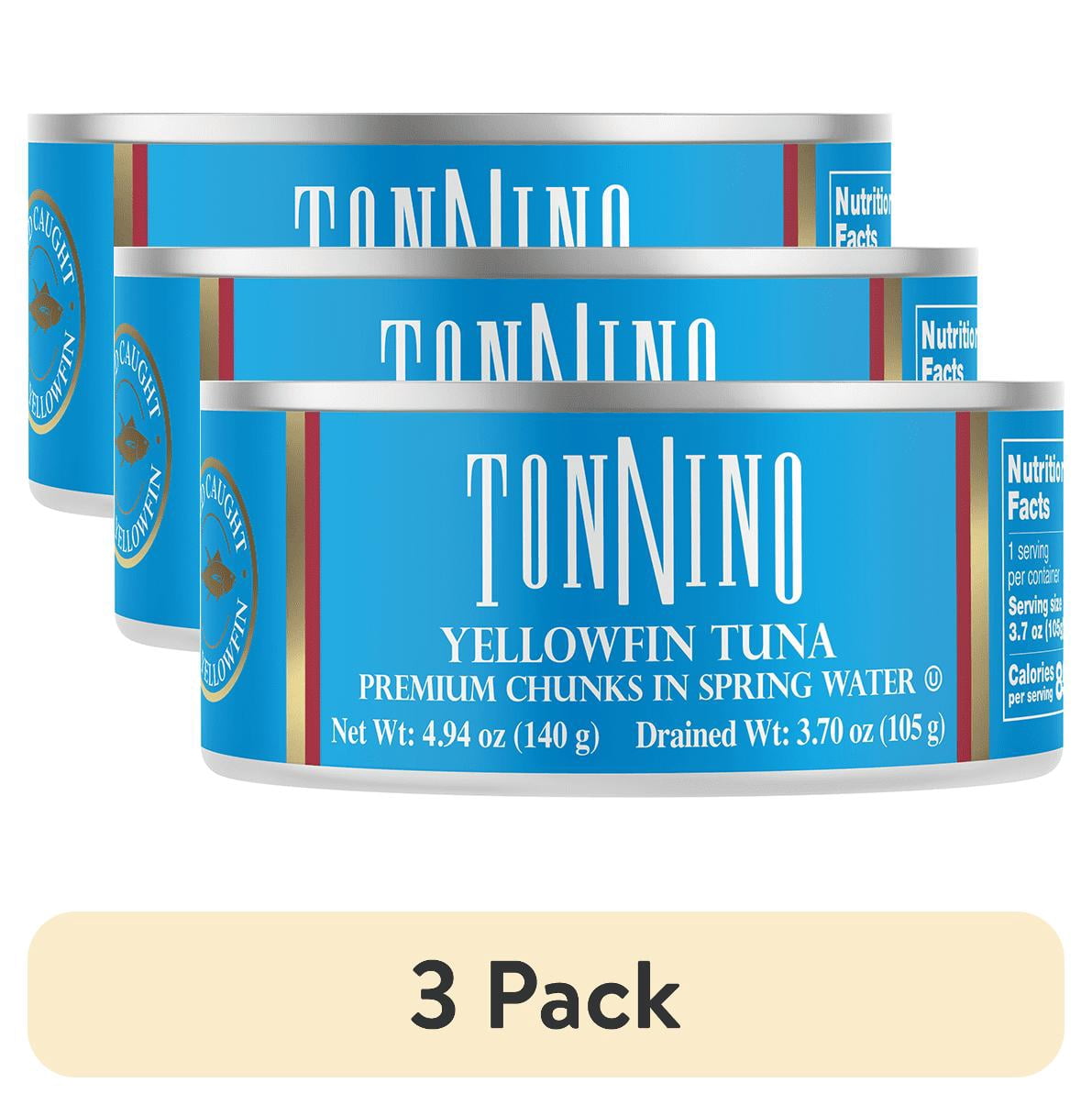 (3 pack) Tonnino Premium Yellowfin Tuna Chunks in Spring Water, 4.94 oz, Can, Wild Caught