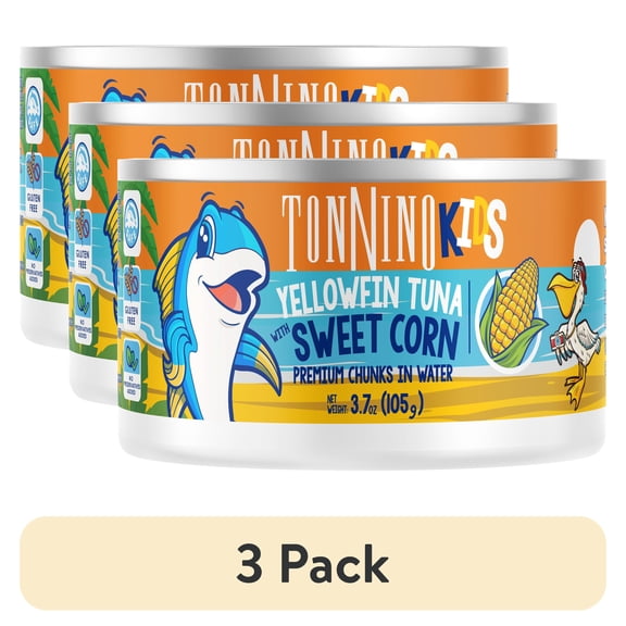 (3 pack) Tonnino Premium Yellowfin Tuna chunks with sweet corn in water, 3.7 oz, Can, Wild Caught