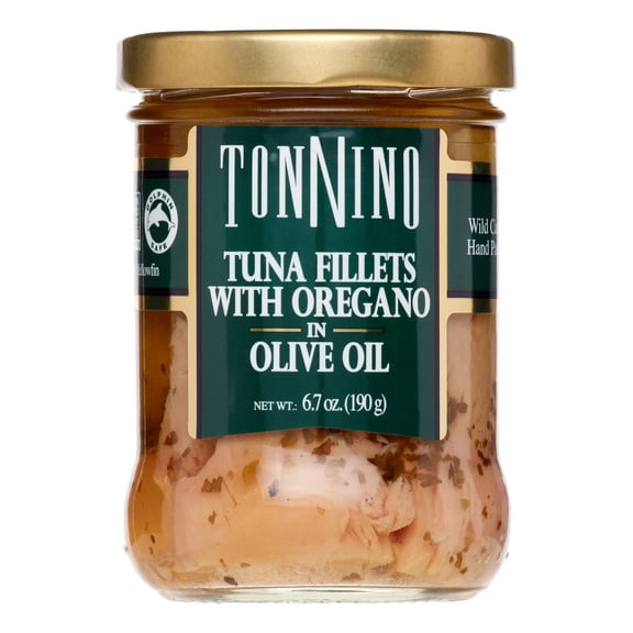 (3 pack) Tonnino Tuna Yellowfin Jarred Premium Tuna Fillet, with Oregano & Olive Oil, Wild Caught, 6.7 oz Jar, Gluten-Free