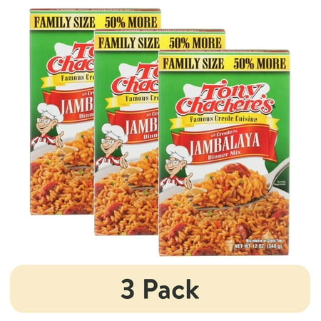 (3 pack) Tony Chachere's Cajun Jambalaya Family Size Rice Dinner Mix, 12 oz, Shelf Stable, No MSG, Nut-free