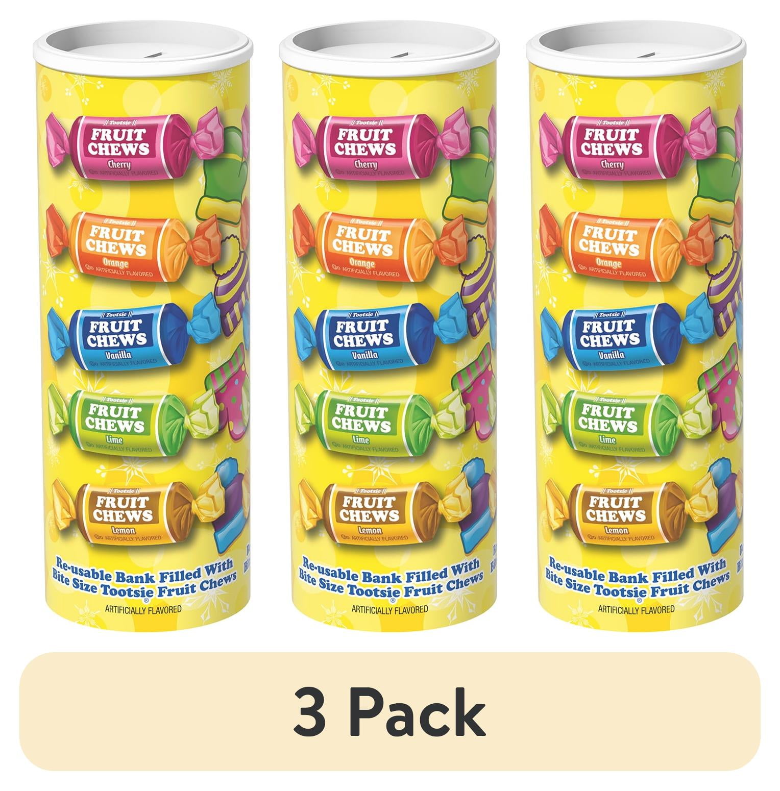 (3 pack) Tootsie Roll Fruit Chew, Individually Wrapped, Fruit Flavored Candy, 5.23 oz Bank, Peanut Free, Gluten Free. Contains Milk and Soy.