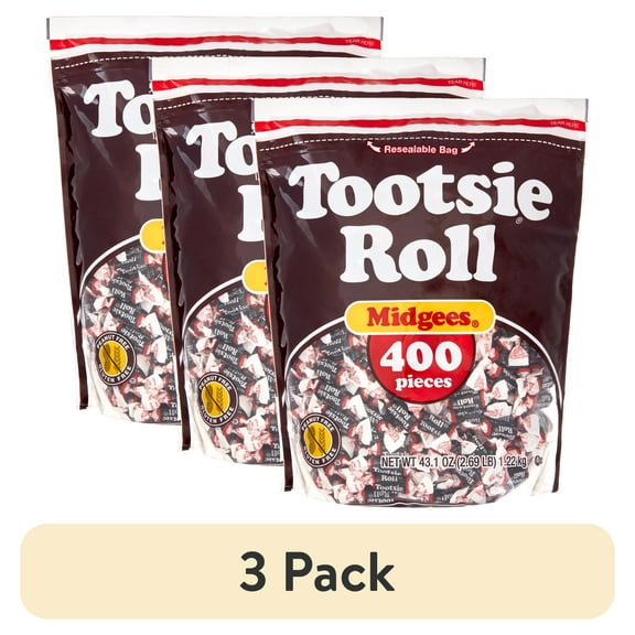 (3 pack) Tootsie Roll, Midgees Chocolate Candy, 43.1 oz (400 Pieces), Peanut Free, Gluten Free, Contains Milk and Soy.