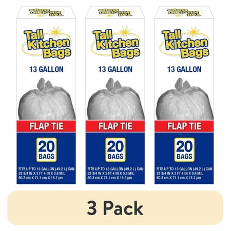(3 pack) Top Job Basic Kitchen Trash Bags, 13 Gallon, 20 Bags (Flap Tie)