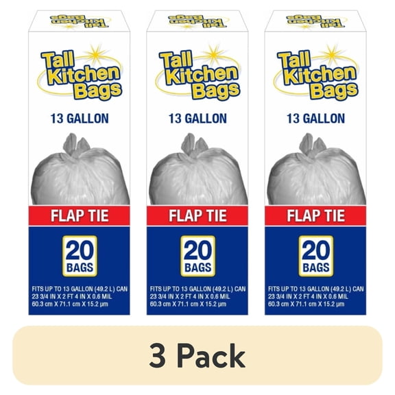 (3 pack) Top Job Basic Kitchen Trash Bags, 13 Gallon, 20 Bags (Flap Tie)