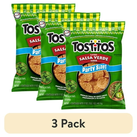 (3 pack) Tostitos Salsa Verde Flavored Tortilla Chips Party Size Bag, 17 oz