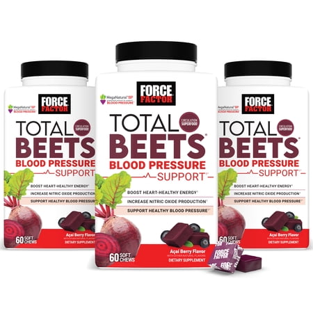 (3 pack) Force Factor Total Beets Blood Pressure Support, Beet Root Supplement for Nitric Oxide, Circulation, Heart Health & Energy, Acai Berry, 60 Soft Chews