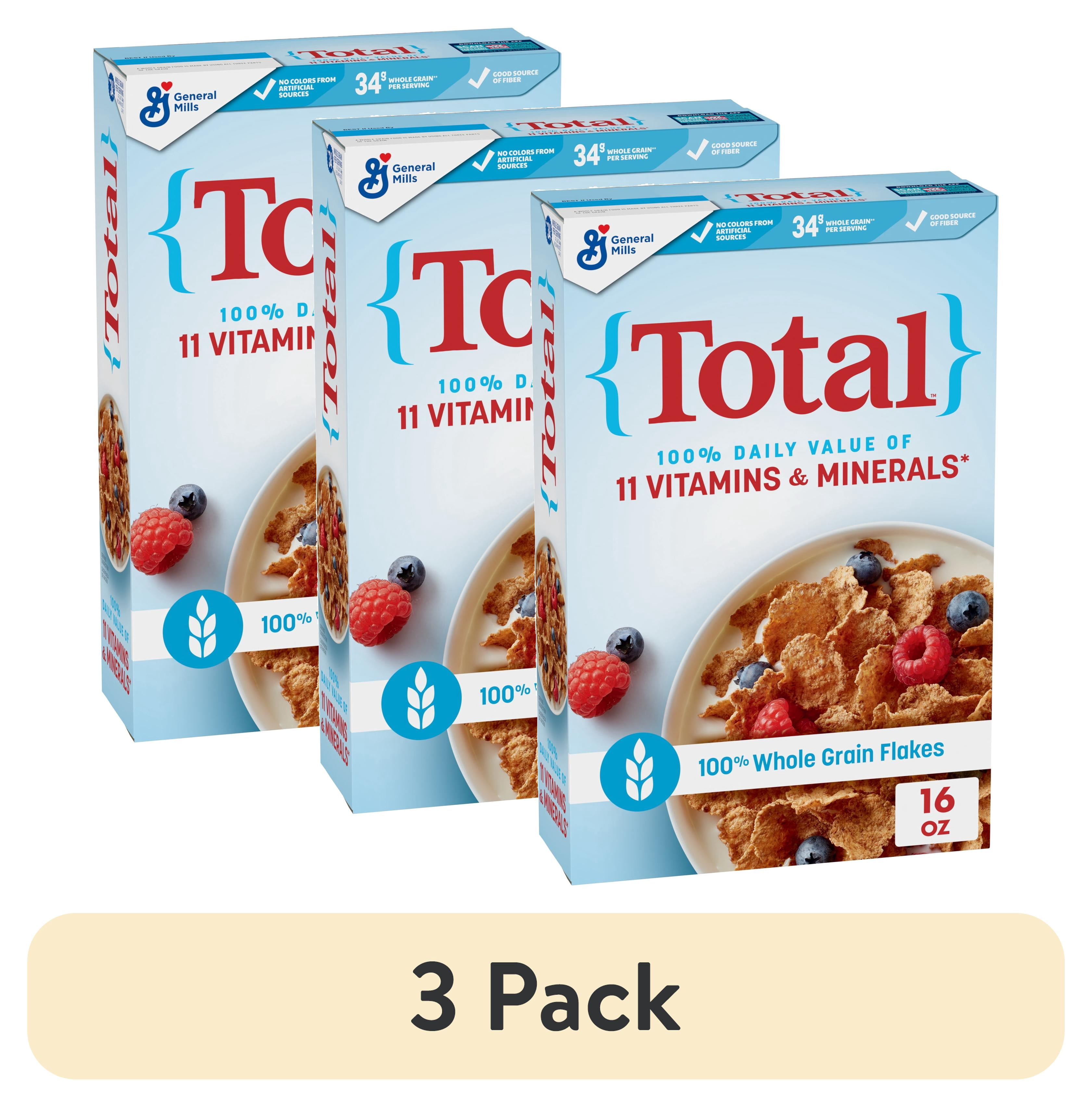 (3 pack) Total Breakfast Cereal, 100% Daily Value of 11 Vitamins and Minerals, 16 oz