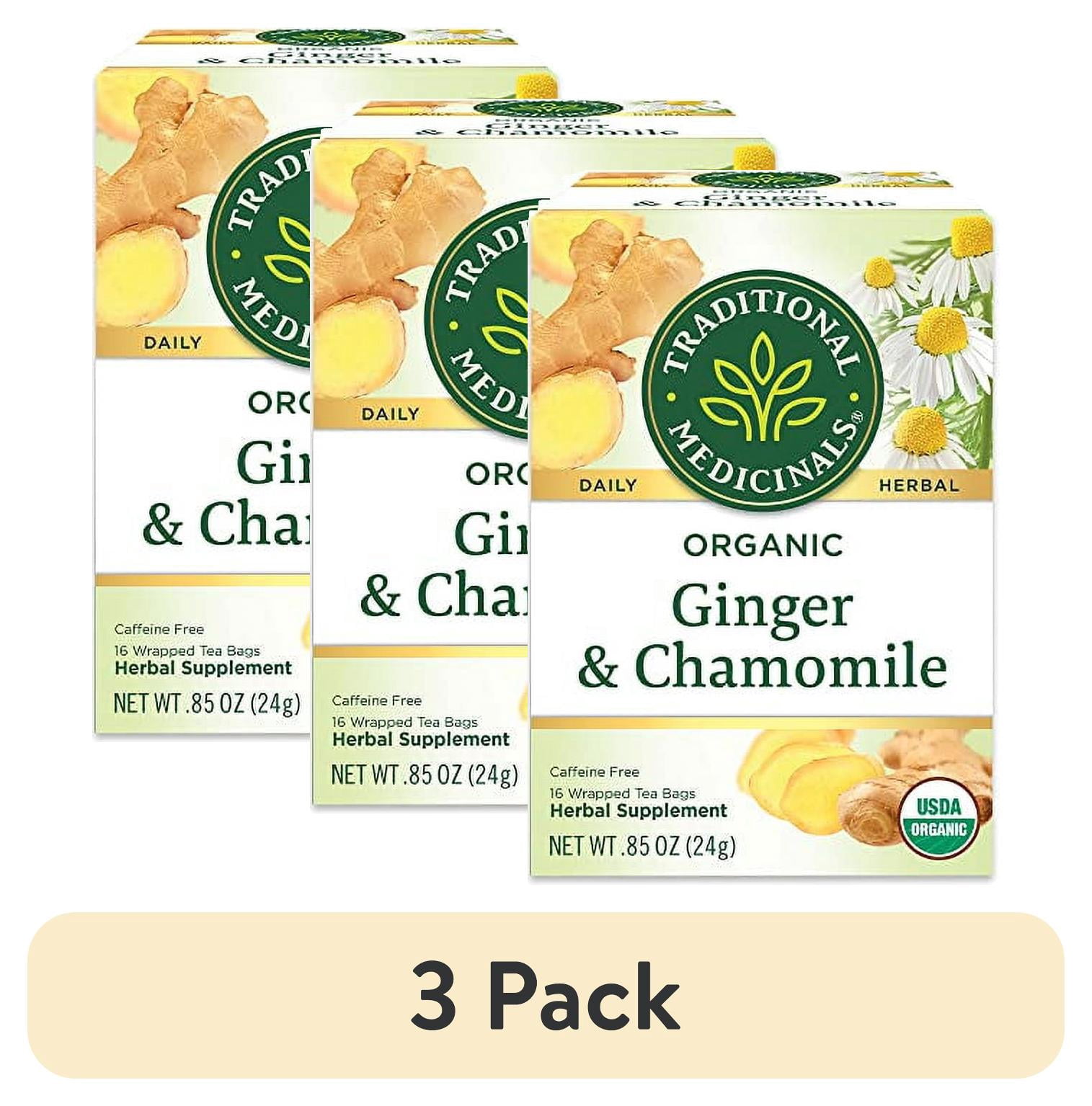 (3 pack) Traditional Medicinals Organic Ginger & Chamomile Herbal Tea, Relieves Occasional Indigestion or Nausea, (Pack of 1) - 16 Tea Bags