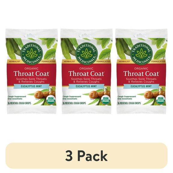 (3 pack) Traditional Medicinals Organic Throat Coat Cough Drops, Eucalyptus Mint, 16 Lozenges