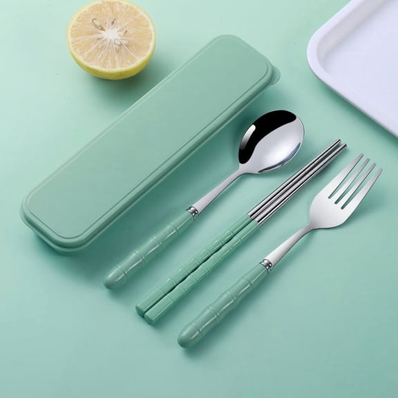 3 pack Travel Utensils, Portable Camp Reusable Flatware Silverware, Include Fork Spoon Chopsticks with Case (bean paste green)