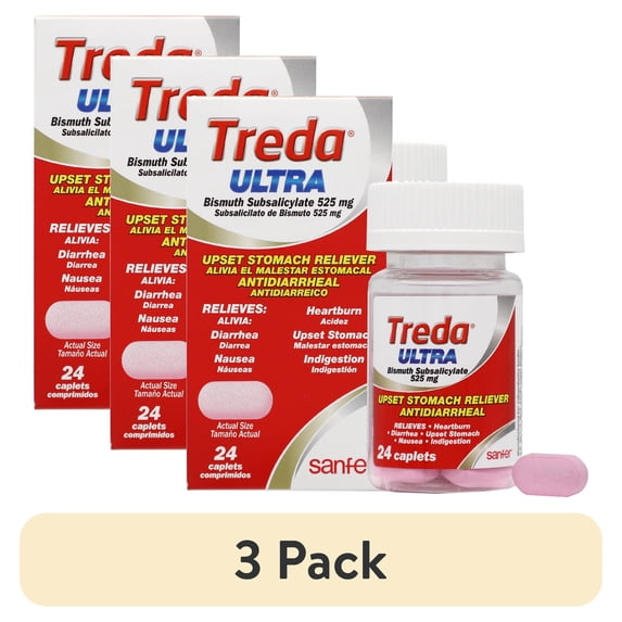 (3 pack) Treda Ultra Caplets for Upset Stomach, Diarrhea, Indigestion - 24 Count