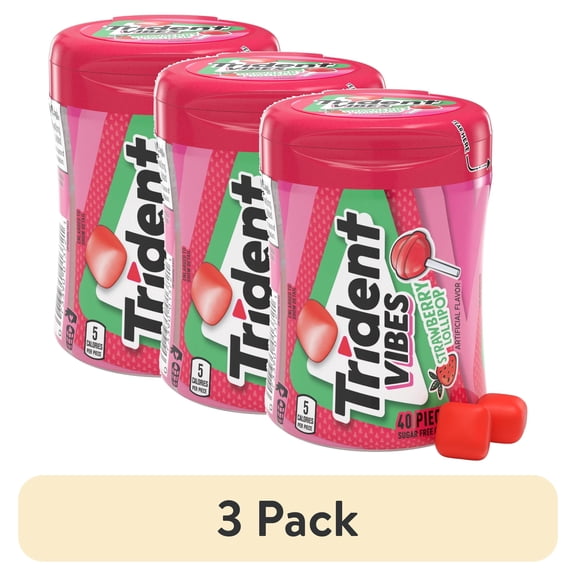(3 pack) Trident Vibes Sugar Free Gum, Strawberry Lollipop, Nut Free, Regular Size, 40 Piece Bottle