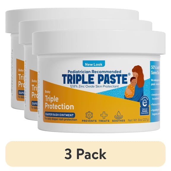 (3 pack) Triple Paste Diaper Rash Cream, Hypoallergenic Medicated Ointment for Babies, Overnight and Daily Protection, 8 oz